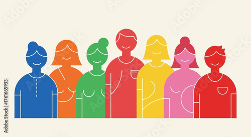Diversity Crowd Illustration of People Standing Together in Rainbow Colors
