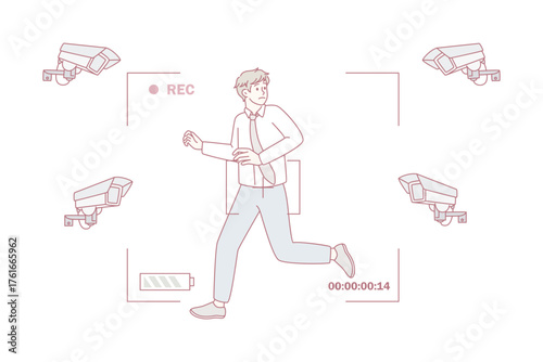 Anxious young businessman run stressed with cameras fixing following him. Worried unhappy man employee distressed panic with photo cam shoot moves. Privacy lack concept. Vector illustration.