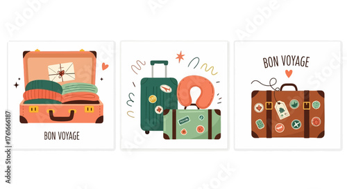 Charming Vector Illustration Set of Travel Suitcases and Accessories with 'Bon Voyage' Greetings