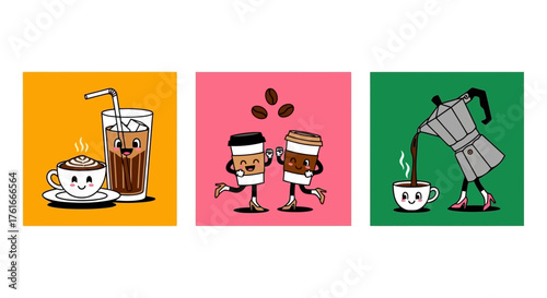 Cartoon Coffee Cup Characters Illustrating Morning Beverage Preparation and Consumption