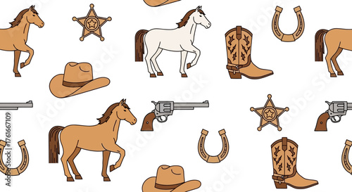 Western Adventures Seamless Pattern with Cowboy Boots, Hats, and Horses