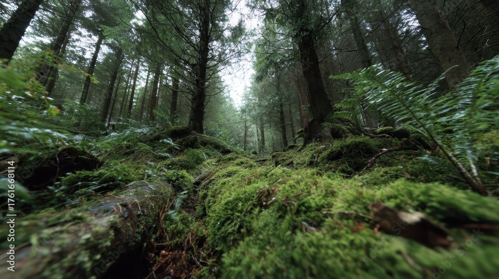 Fototapeta premium Lush green forest floor covered in moss during a calm morning in a dense woodland