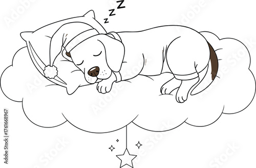 Sleeping dog on cloud, cartoon bedtime scene, dreamy pet illustration, nightcap pajamas, peaceful sleep, cute animal art, whimsical vector