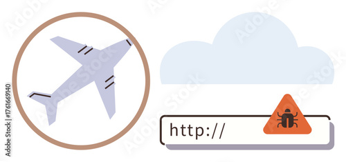 Airplane icon in circle, cloud, and warning triangle with bug on URL bar highlight digital security threats. Ideal for cybersecurity, aviation safety, cloud vulnerability, risk analysis, online