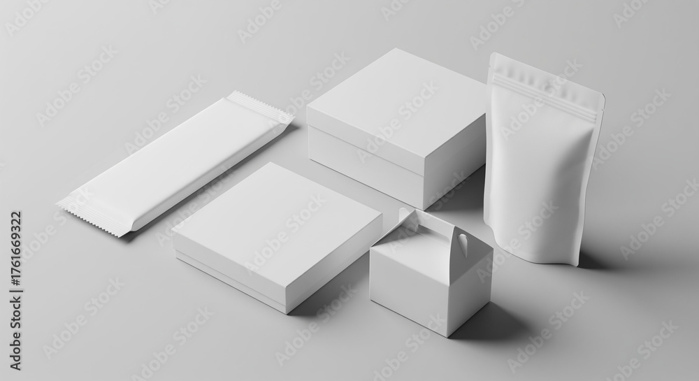 Obraz premium White packaging mockup, including a snack bar, two square boxes, a gable box, and a stand-up pouch on a neutral gray background, showcasing clean design and versatile use.