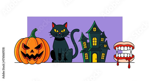 Halloween Night Spooky Pumpkin, Black Cat, Haunted House, and Vampire Teeth
