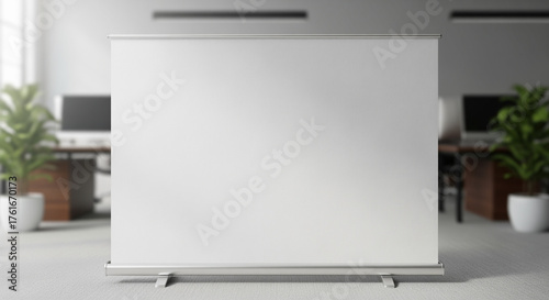 White blank roll-up banner stand in a modern office setting with blurred desks and computers in the background, providing ample space for customization and design.