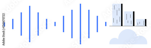 Vertical sound waves connect with a cloud and bar graph, representing technology, analytics, cloud computing, data processing, efficiency, smart systems, modern business. Simple flat metaphor