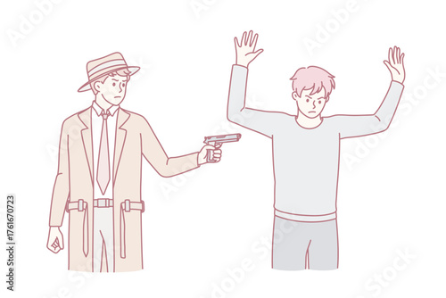 Police inspector catch criminal threaten with gun for illegal conduct. Spy or detective arrest thief with handgun. Policeman or cop working. Law and order concept. Flat vector illustration.