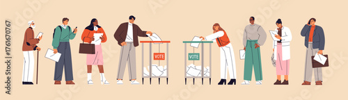 Diverse happy people in line vote. Voters in queue put ballot papers with political candidates into box. Men and women elect government. Social choice, democracy. Flat isolated vector illustration