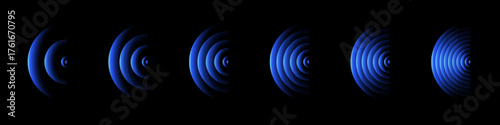 Sound wave rings. Glowing neon blue wifi, wireless network, signal circles with futuristic motion ripple effect isolated on black background. Tech abstract vector illustration.