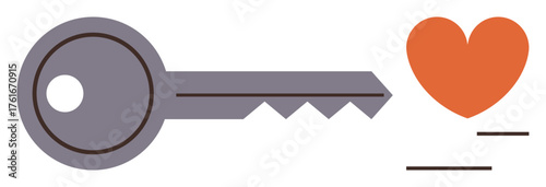 Key next to red heart suggesting themes such as love, security, access, trust, relationships, and belonging. Ideal for communication, emotion, romance privacy loyalty connection simple flat