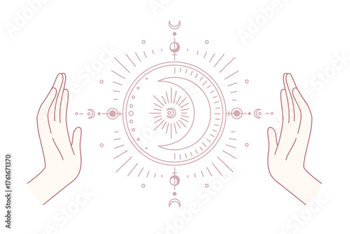 Moon astrology sign system concept. Human hands and moon oriental signs system between them over blue background vector illustration
