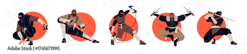 Set of ninjas with red circle. Japanese samurais in different poses with weapons. Shinobis with katana. Asian warriors, fighters with sai. Flat isolated vector illustrations on white background