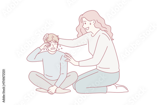 Consoling and communication with children concept. Young loving woman mother sitting and consoling helping to calm down her crying child boy kid vector illustration