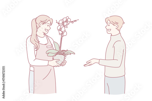 Communication in flower store concept. Young man client customer standing and asking girl florist about plant in pot vector illustration