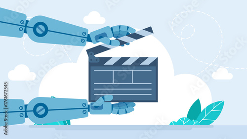 Robot hands holding black clapper board. AI video creation concept. A robot working on video editing clapperboard. Represents modern technology's influence on creative media. Flat illustration