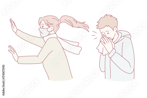 Anxious young woman in facemask scared of sick man sneezing have running nose afraid of covid-19 pandemics. Worried girl terrified by unhealthy male stressed with coronavirus. Vector illustration.