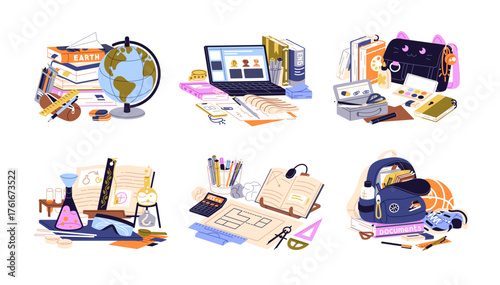 School education set. Stationery and books for different subjects, classes and lessons. Backpacks and supplies for learning and studying. Flat isolated vector illustrations on white background