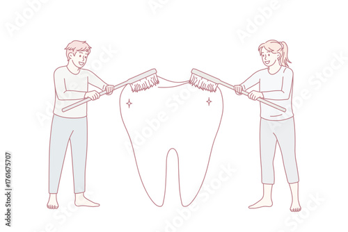 People using toothbrushes cleaning giant tooth take care of oral hygiene. Man and woman cleanse brush teeth. Caries protection. Oralcare, dental treatment concept. Flat vector illustration.