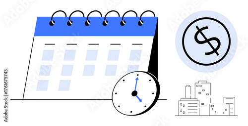 Calendar with spiral binding, clock, dollar sign, buildings represent time management, budgeting, financial planning, deadlines, scheduling productivity tracking economic growth. Ideal for time