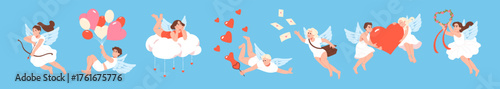 Set of funny cupids with hearts. Cute baby angels with wings are lying on clouds, flying in the sky and shooting with arrows of love. Symbol of Valentine's day. Flat isolated vector illustrations