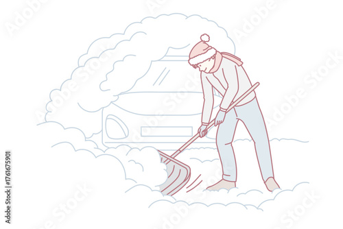 Man with shovel clean snow outdoor dig out car on winter morning. Male in outerwear shoveling near automobile in snowdrift or pile. Blizzard and storm effect. Flat vector illustration.