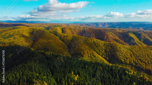 Aerial footage of mountains and forests in autumn. Carpathian Mountains