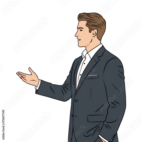 a businessman with an expression explaining something, plain white background.