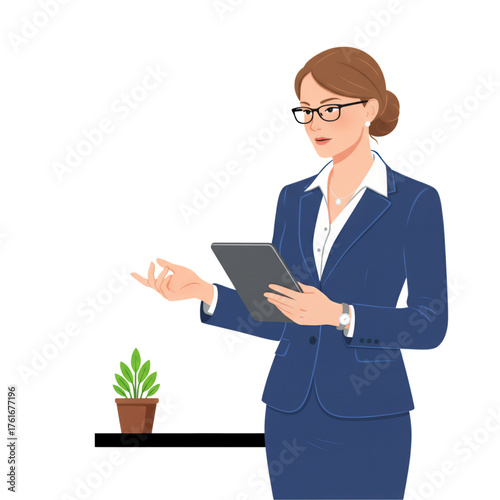 a carrier woman with a note in her hand explaining something, plain white background.