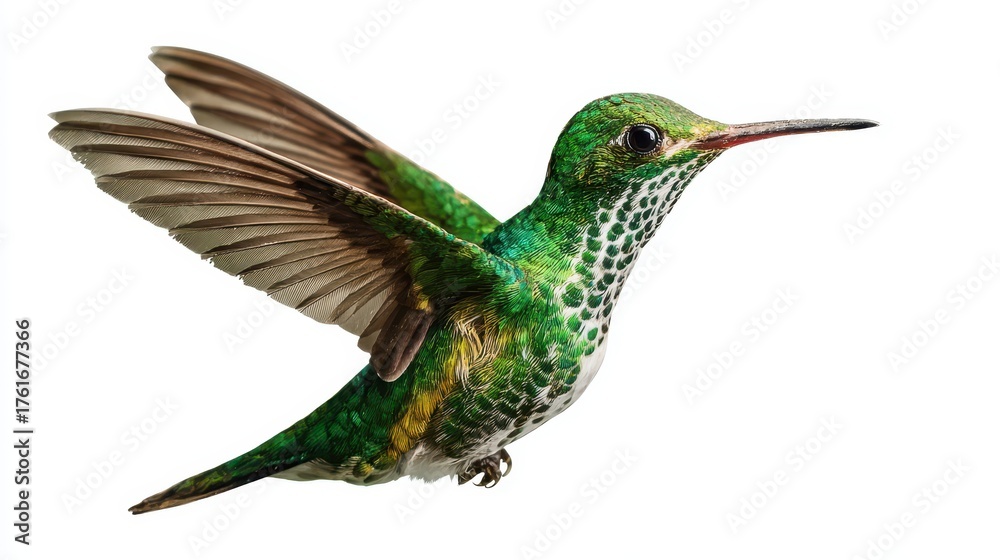 Obraz premium Colorful hummingbird in mid-flight showcasing vibrant feathers and delicate wings against a plain background