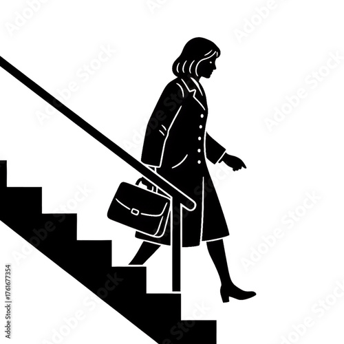 silhouette of a woman carrier carrying bags down the stairs, plain white background.