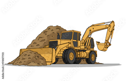 A combination of a bulldozer and an excavator in one vehicle. Isolated on a white background.