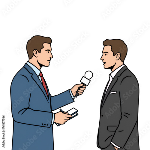 A journalist interviews a source. Isolated on a white background.