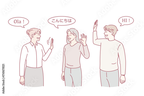 Various nationalities communication and greeting concept. Three young people cartoon characters spanish english and chineese standing and greeting each other on their languages vector illustration