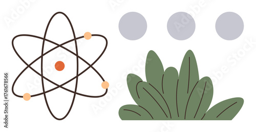 Atomic orbital model, green organic leaves, and three gray spheres arranged together. Ideal for education, environment, science, sustainability, nature learning eco-studies. Clean simple flat