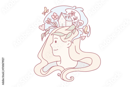 Smiling woman imagine visualize dreams or plans in head. Happy motivated dreamy girl engaged in process or creative thinking. Visualization, inspiration concept. Flat vector illustration.