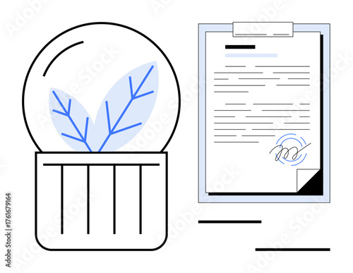 Glass globe with leaves alongside a signed document highlighting collaboration, eco-conscious agreements, and environmental commitment. Ideal for sustainability, ecology, conservation, legal