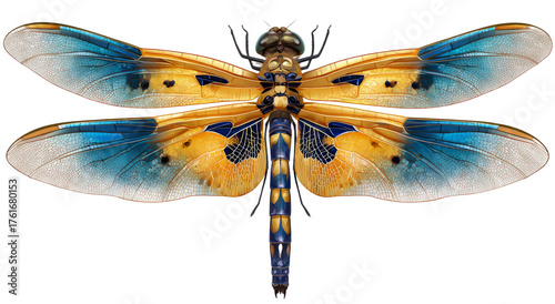 Colorful Dragonfly with Blue and Yellow Wings Isolated on White Background