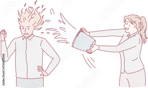 Woman pour water to male colleague head burning in flames suffering from burnout at work. Female calm down man coworker, thinking brainstorming heavily. Job stress. Vector illustration.