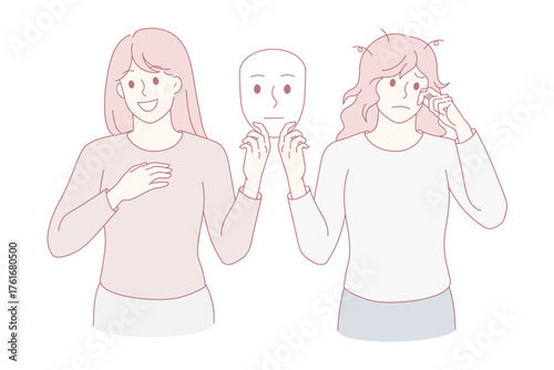 Young woman hold mask show different emotions suffer from bipolar disorder. Unhappy and smiling girl struggle with mental illness. Psychology, health problem concept. Vector illustration.