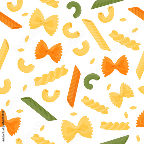 Pasta seamless pattern. Various noodles types. Background with different pasta. Farfalle, penne, spaghetti, macaroni, orzo and fusilli. Italian cuisine. Vector illustration