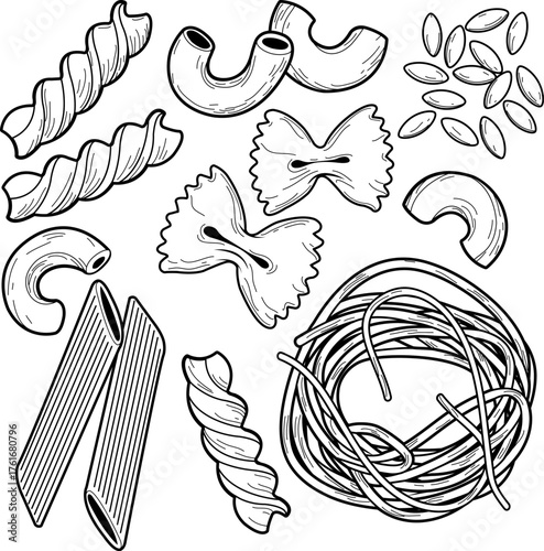 Italian cuisine. Set of different types of pasta. Farfalle, penne, spaghetti, elbow pasta, orzo and fusilli. Various noodles types. Vector black and white outline illustration