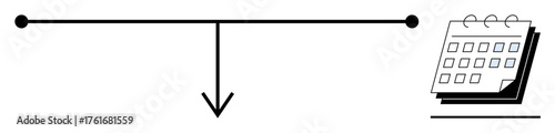 Horizontal scale with an arrow pointing down and a calendar signify decision-making, balance, and planning. Ideal for time management, priorities, productivity, planning, organization, balance