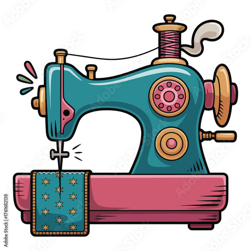 Vintage Cartoon Sewing Machine Illustration Isolated on White Background