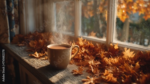 Fototapeta Naklejka Na Ścianę i Meble -  Embracing the warmth of cozy fall mornings with a cup of tea. Breaking news. Artful blend of fall colors, a cup of coffee, and subtle halloween charm. Simple life. Real vibe.