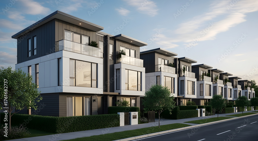 Fototapeta premium Modern Townhouses With Contemporary Architecture And Sleek Design Elements In A Suburban Neighborhood On A Sunny Day