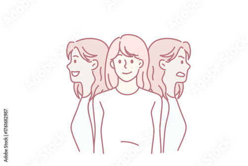 Young woman faces feel different emotions suffer from bipolar disorder. Girl have mood swings, struggle with mental disease. Health problem concept, psychotherapy. Flat vector illustration.