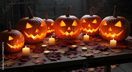 A spooky arrangement of glowing Jack o lanterns for Halloween.