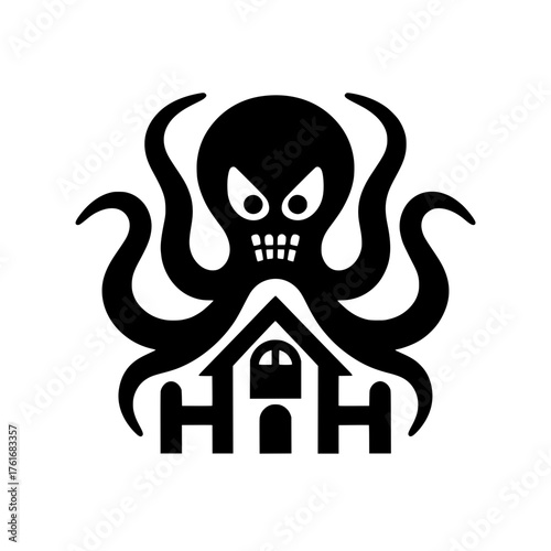 Vector illustration of an angry, fanged octopus or sea monster, as if threatening or embracing a classic style house or haunted house.